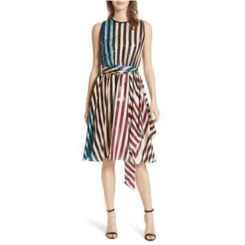 Diane Von Furstenberg Waist Tie Draped Dress Carrington Stripe in pacific/black